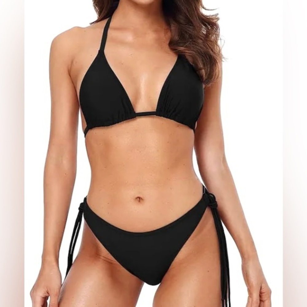 Charmo size XL black BOHO cheeky bottoms tassels w ties 2-piece bikini swimsuit